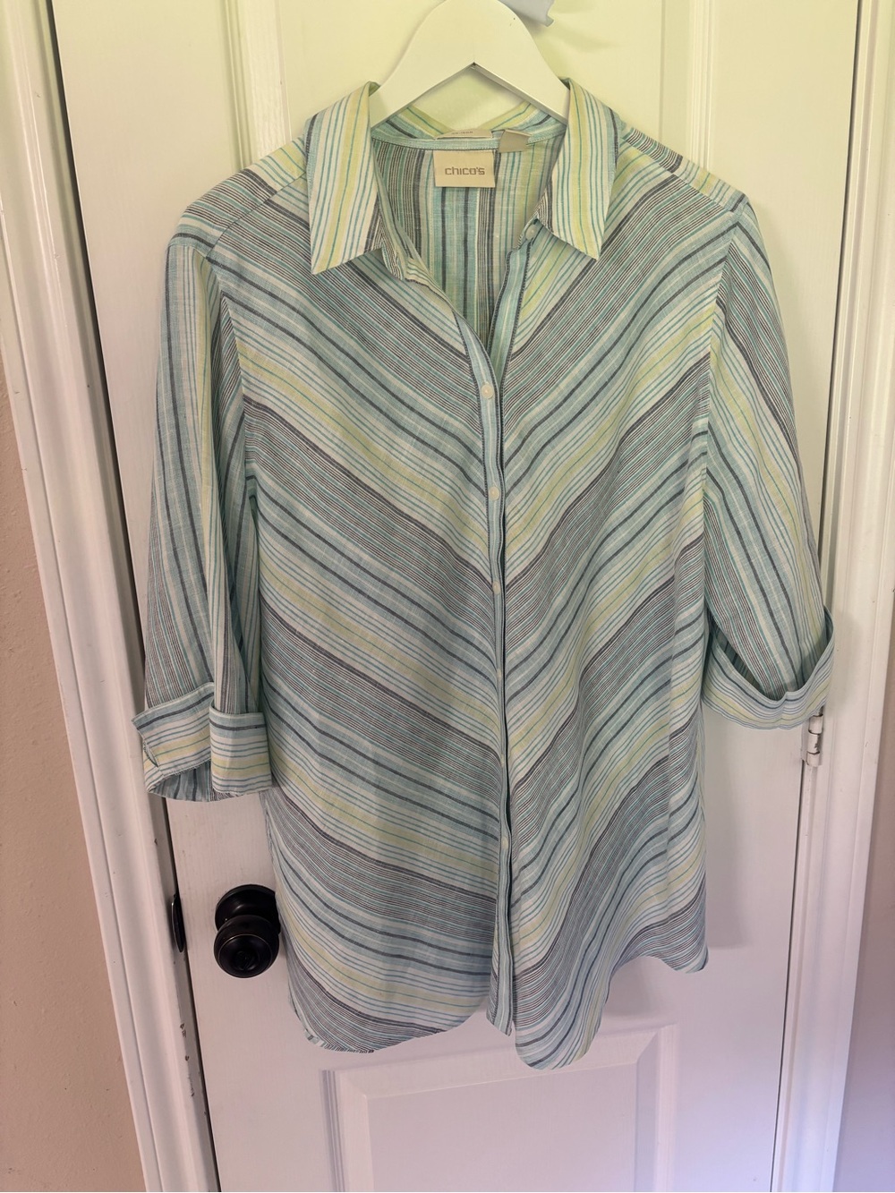 Chico's Pastel Striped Button-Down Shirt in Mint, Light Blue & Pale Yellow